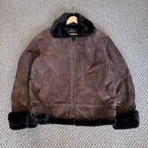 Vintage Brown Leather Flight Jacket Faux Fur Lined Men’s L B-2 Bomber Jacket